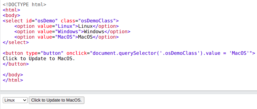 set selected options in JS using selector before